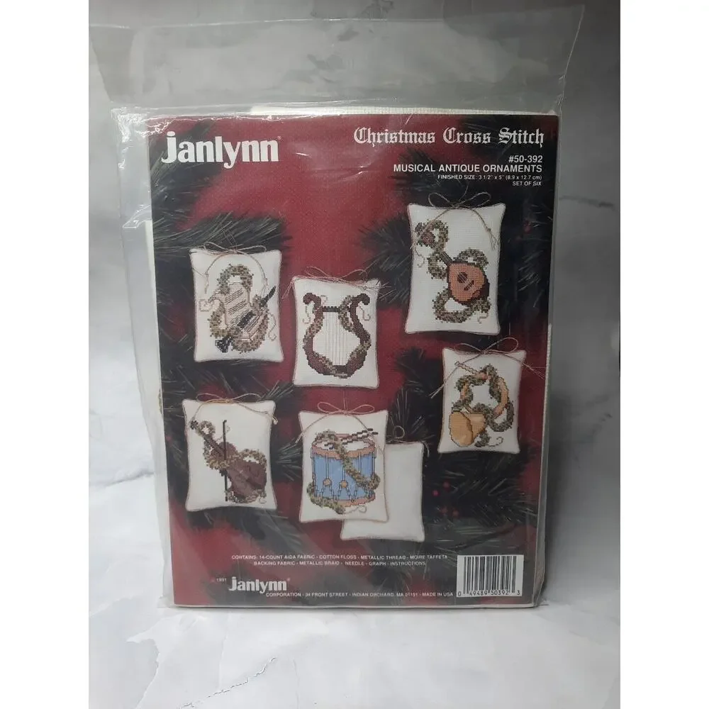 Vintage Janlynn Christmas Cross Stitch Kit Musical Antique Ornaments 50-392